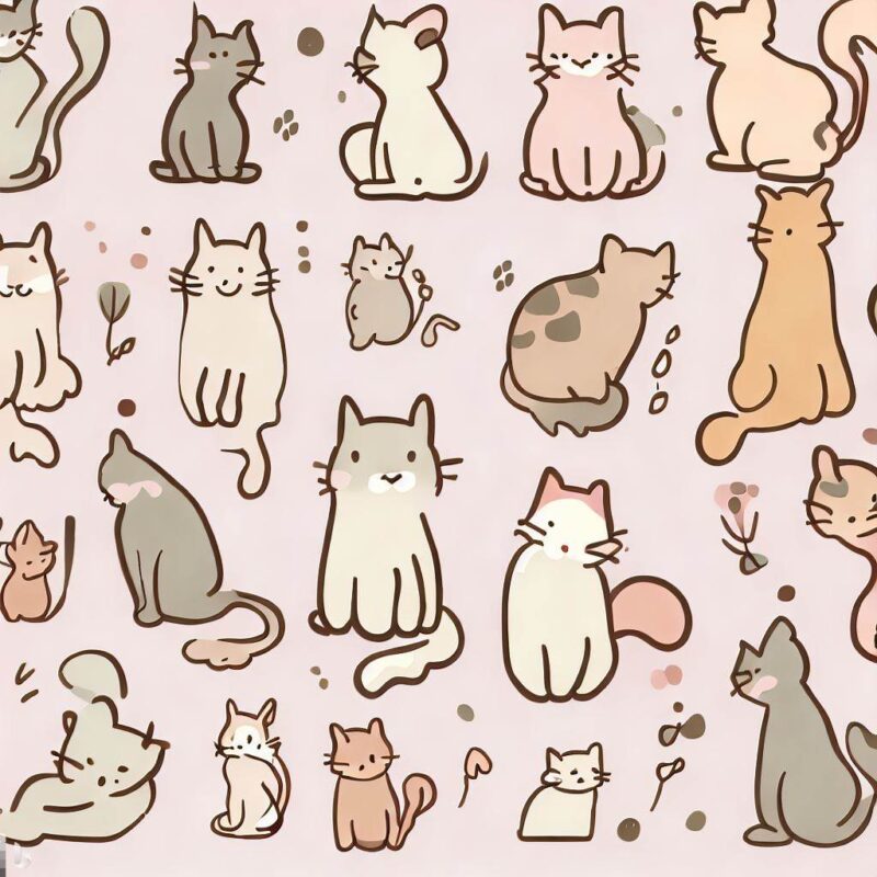 Features illustrations and figures of cats.