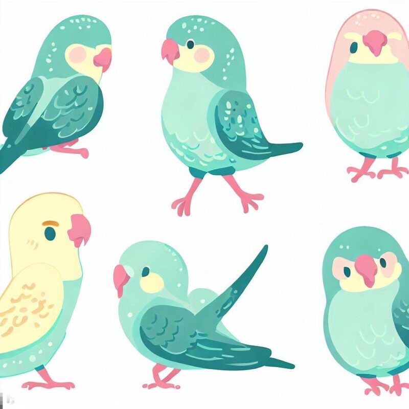 Features illustrations and figures of cute budgies.