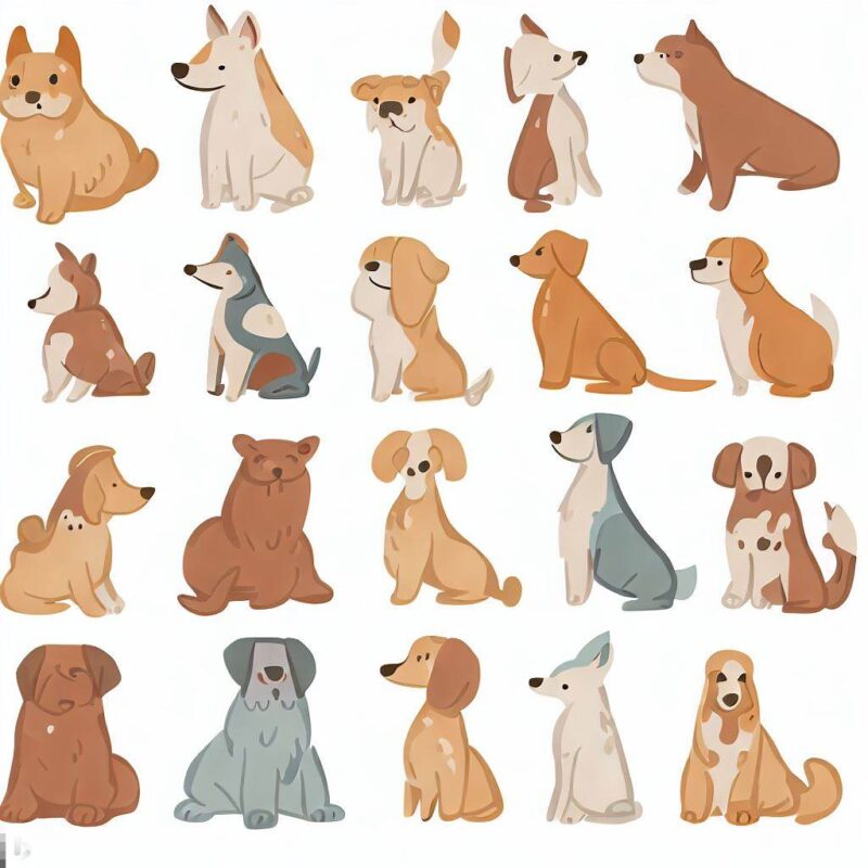 Features illustrations and figures of dogs.