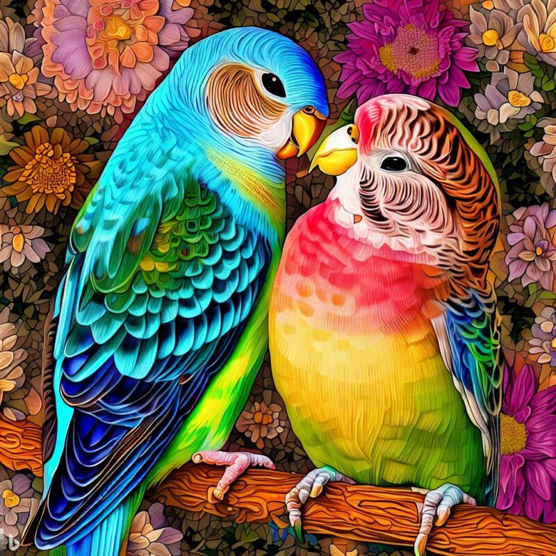 Full color. Budgies, coloring, masterpiece, Renaissance painting style.