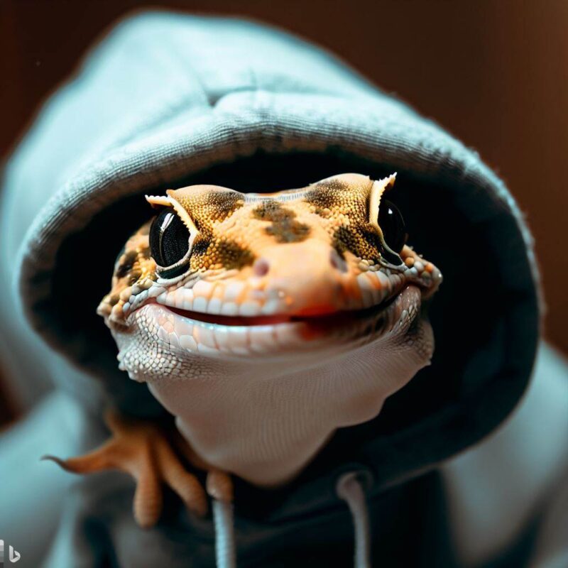 Gecko smiling in hoodie, top quality, professional photo