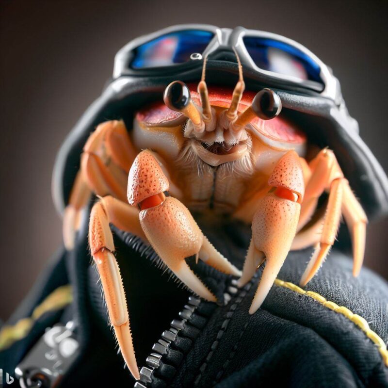 Hermit Crab smiling in riders jacket, top quality, professional photo