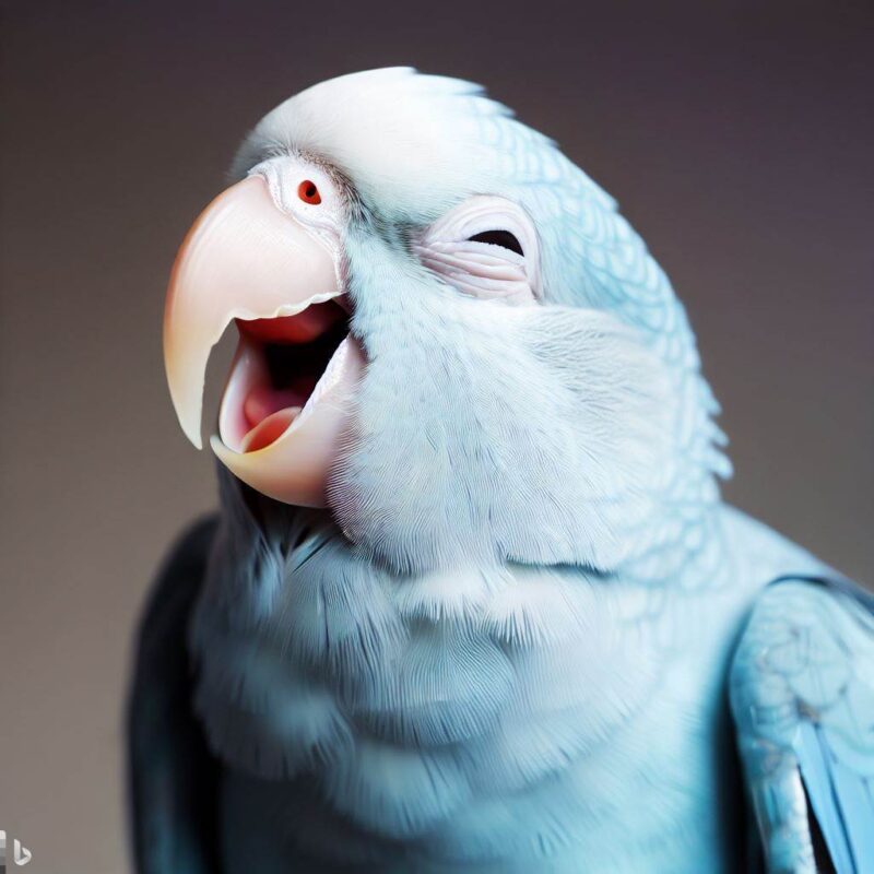 Light blue parrot with happy smile, mouth open and eyes closed. Professional photo.