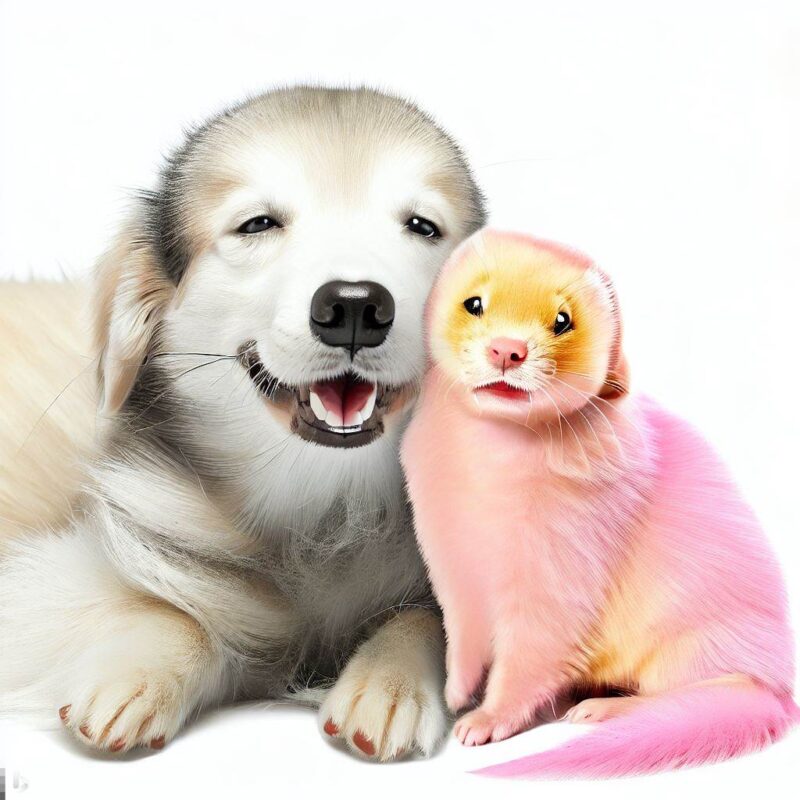 Pink and silver ferret and yellow and orange golden retriever smiling and cuddling happily. Pro photo. Top quality. Pure white background.