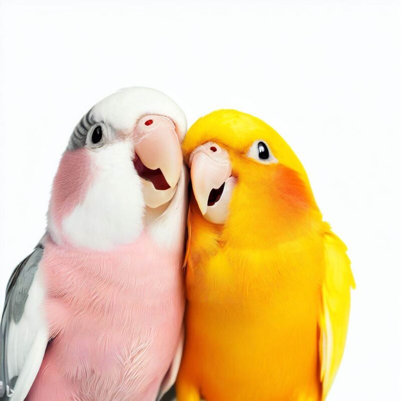 Pink and silver parakeet and yellow and orange parakeet smiling and cuddling happily. Pros. Top quality. Pure white background.