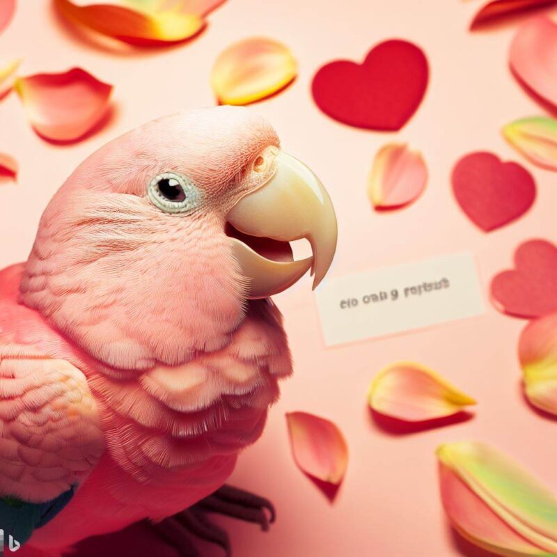 Pink parrot smiling happily surrounded by heart petals. Pro tiPhoto.