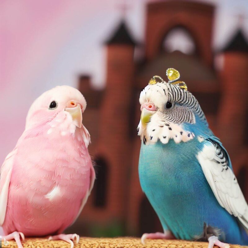 Pink princess budgies. A blue prince budgie. They are on a date at a castle. Prophoto.