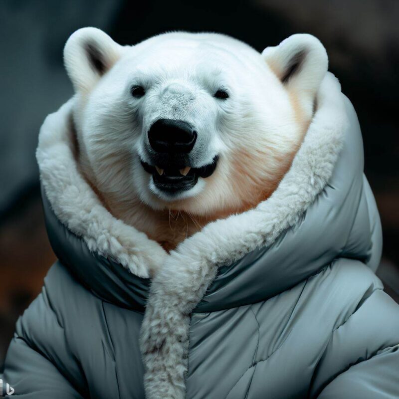 Polar bear smiling in down jacket, top quality, professional photo