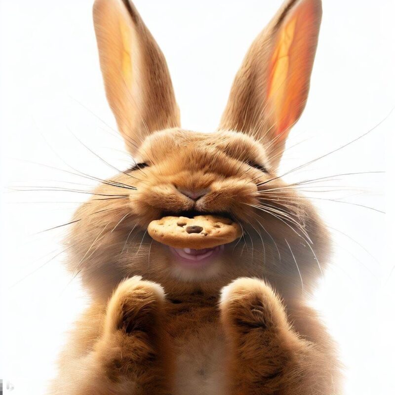 Rabbit smiling while eating cookies, professional photo style. Background is pure white.