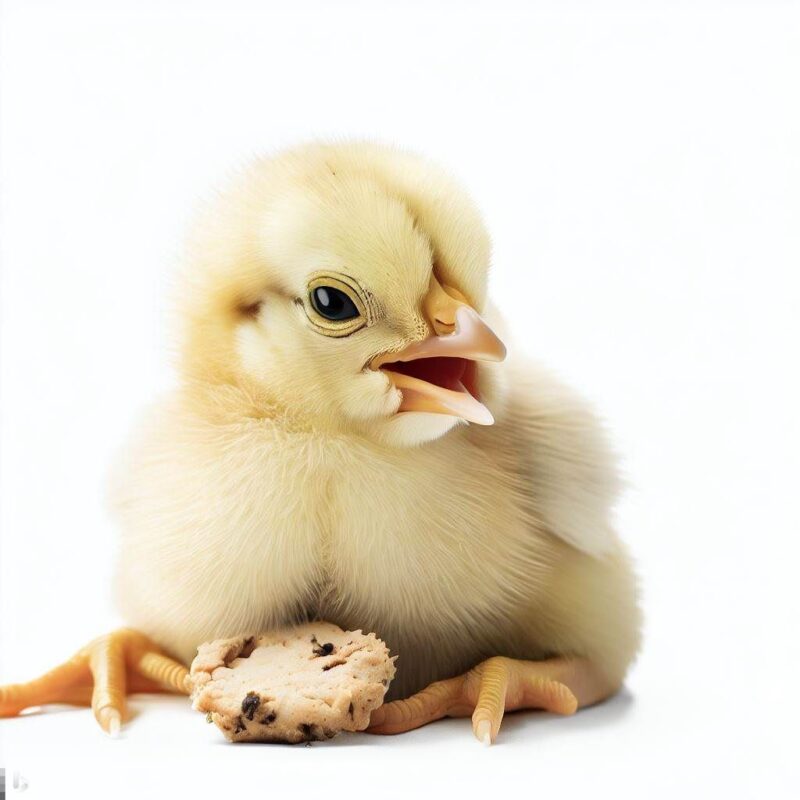 Smiling baby chick eating cookie, in professional photo style. Background is pure white.