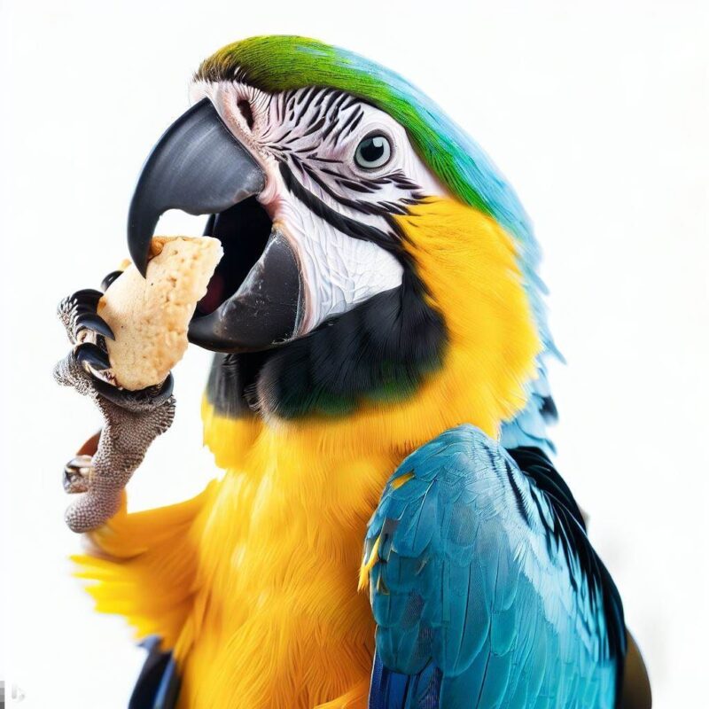 Smiling baby lurid macaw eating cookie in professional photo style. The background is pure white.