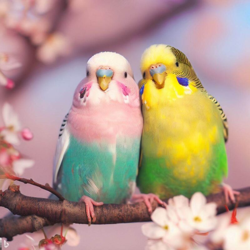 Spellbinding budgies with beautiful pink and yellow-green gradient feathers. 2 budgies. Happy smiles. Cherry blossom tree. Professional photo.