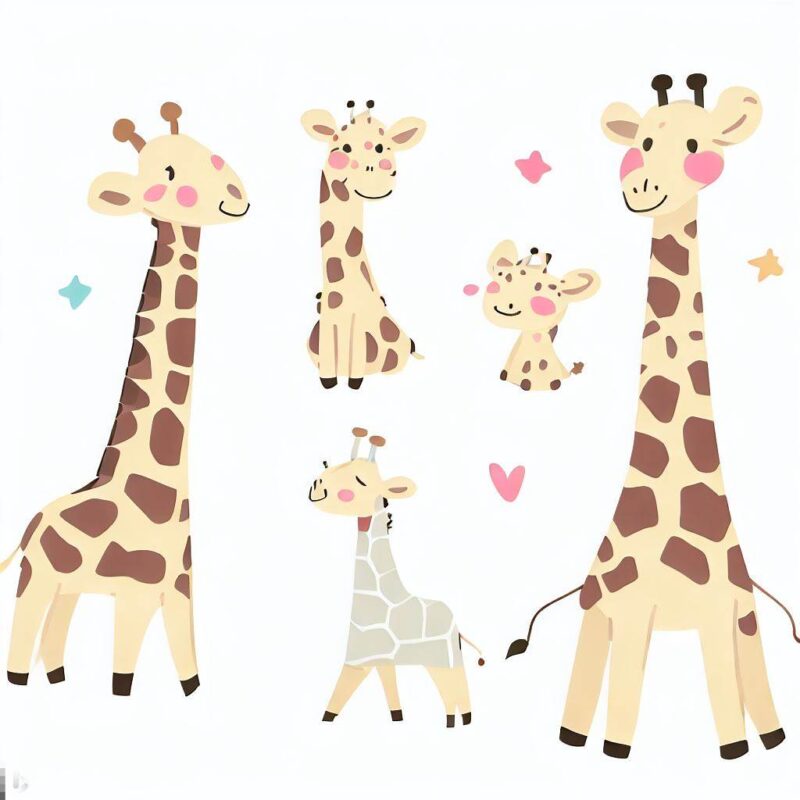 There are cute giraffe illustrations and figures.
