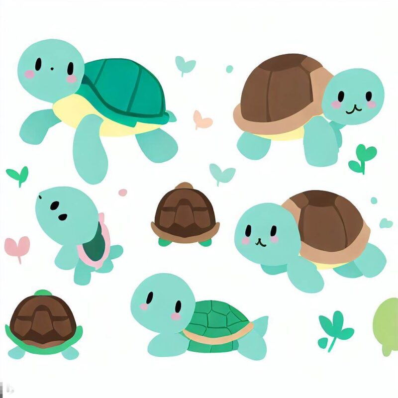 There are cute turtle illustrations and figures.