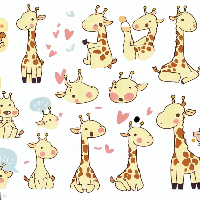 There are many cute giraffe illustrations and diagrams.