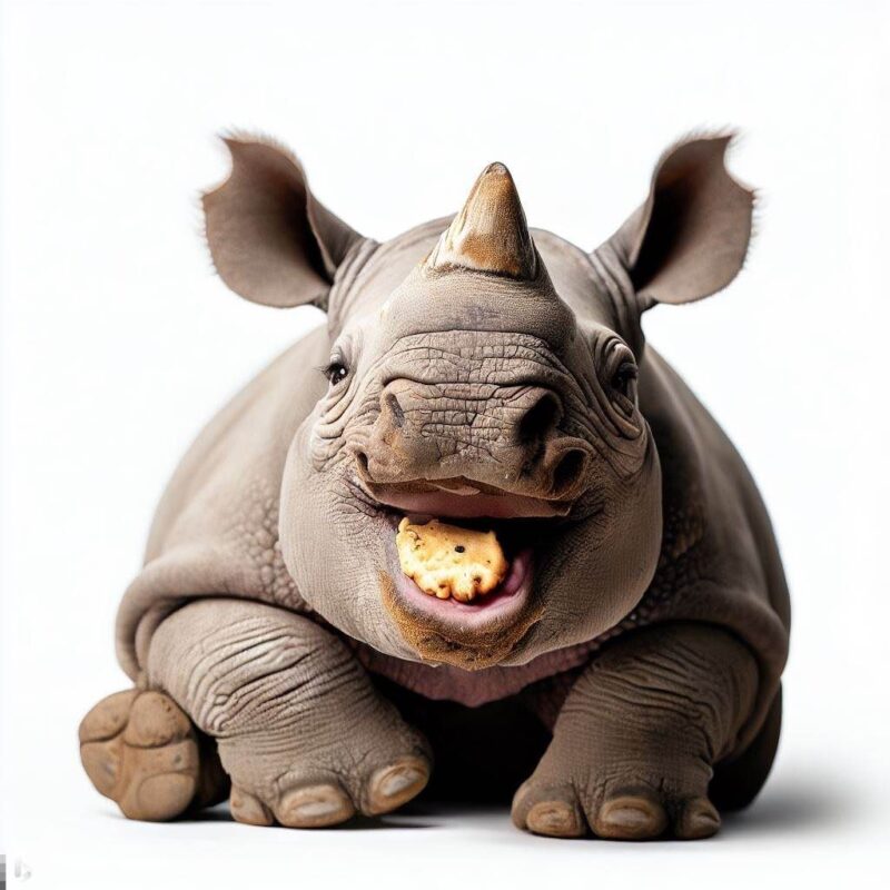 This is a professional photo style shot of a baby rhino smiling as it eats a cookie. Background Pure white