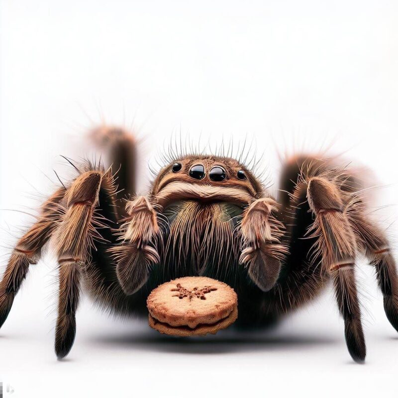This is a professional photo style shot of a cute smiling tarantula eating a cookie. The background is pure white.