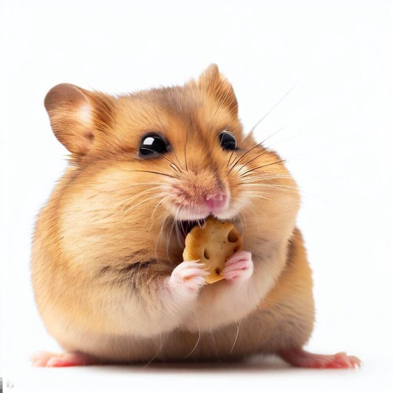 This is a professional photo style shot of a hamster smiling as it eats a cookie. Background Pure white