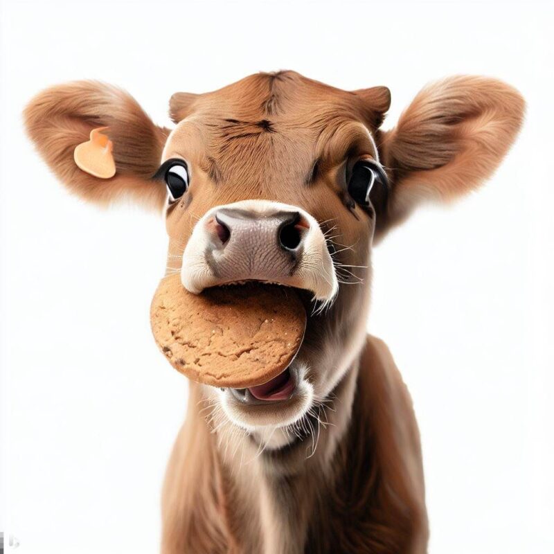 This is a professional photo style shot of a happy calf with a cookie in its mouth. Background Pure white