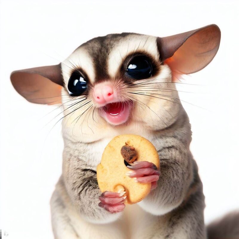This is a professional photo style shot of a smiling Sugar glider eating a cookie. Background Pure white