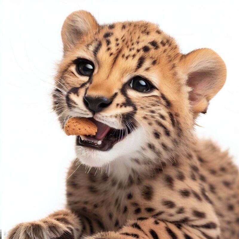This is a professional photo style shot of a smiling baby cheetah eating a cookie. The background is pure white.
