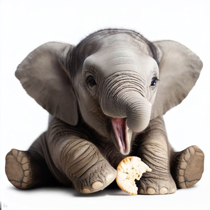 This is a professional photo style shot of a smiling baby elephant eating a cookie. Background Pure white