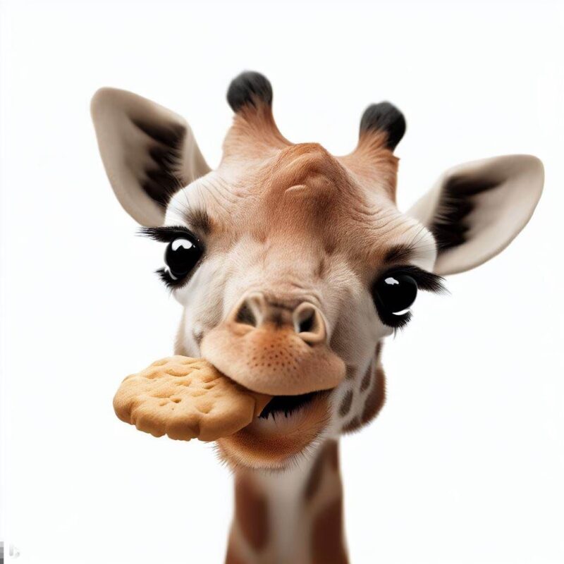 This is a professional photo style shot of a smiling baby giraffe eating a cookie. The background is pure white.