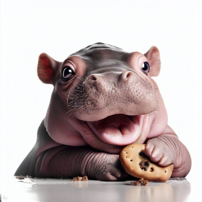 This is a professional photo style shot of a smiling baby hippo eating a cookie. Background Pure white