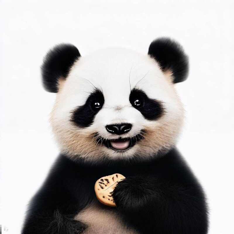 This is a professional photo style shot of a smiling baby panda eating a cookie. The background is pure white.
