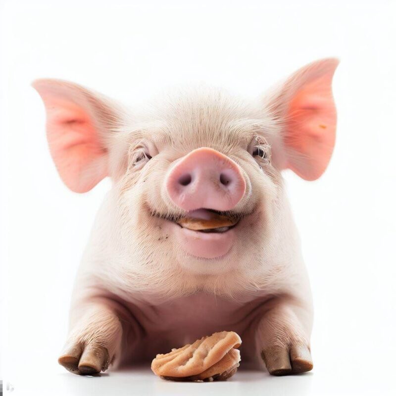 This is a professional photo style shot of a smiling baby pig eating a cookie. The background is pure white.