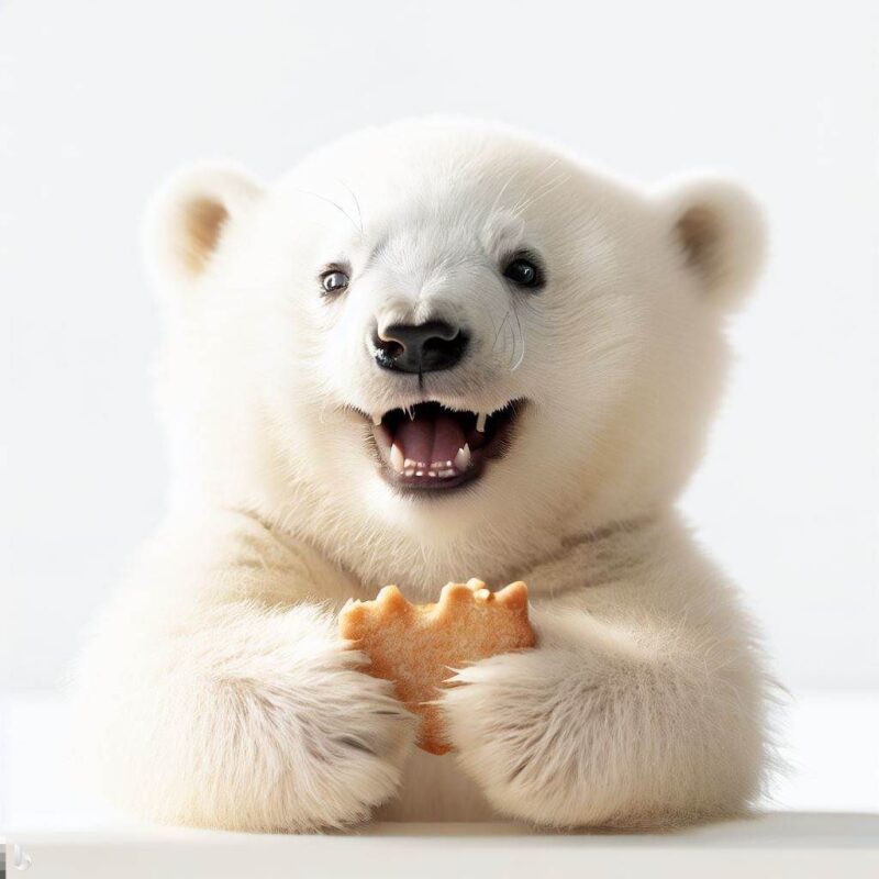 This is a professional photo style shot of a smiling baby polar bear eating a cookie. The background is pure white.