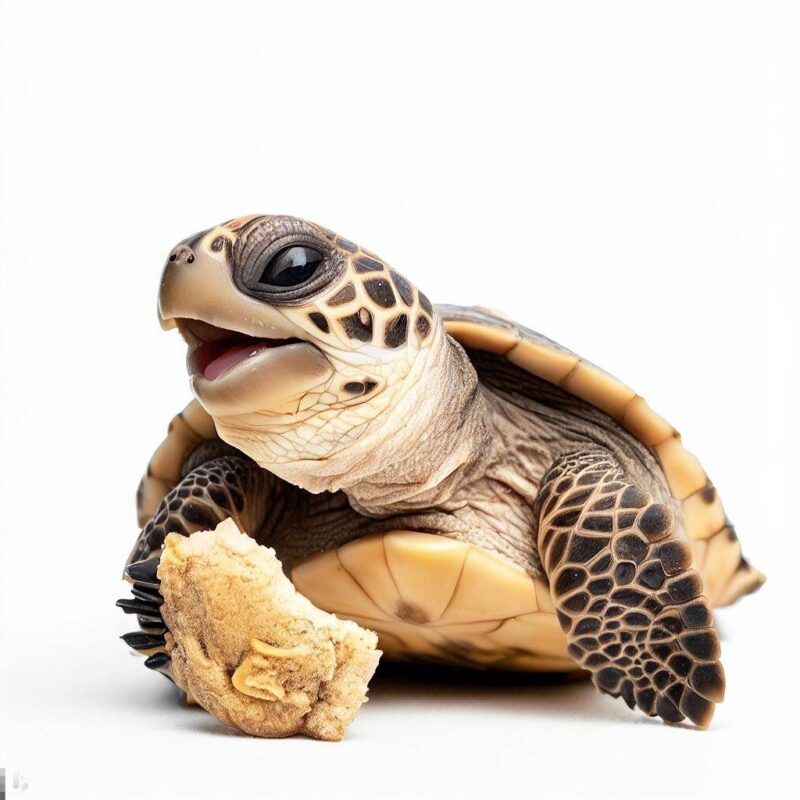 This is a professional photo style shot of a smiling baby sea turtle eating a cookie. The background is pure white.