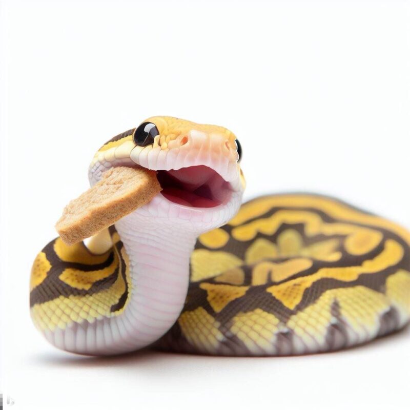 This is a professional photo style shot of a smiling baby snake eating a cookie. The background is pure white.