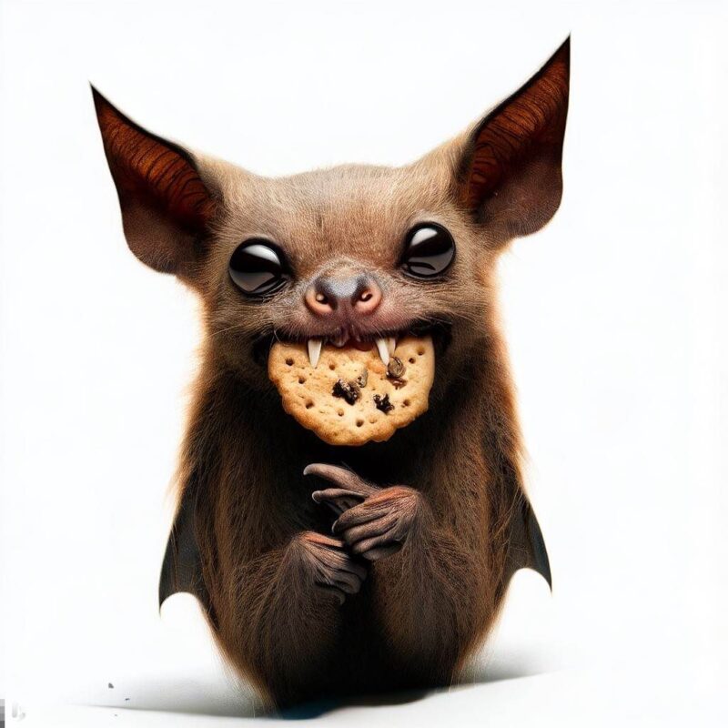 This is a professional photo style shot of a smiling bat eating a cookie. Background Pure white