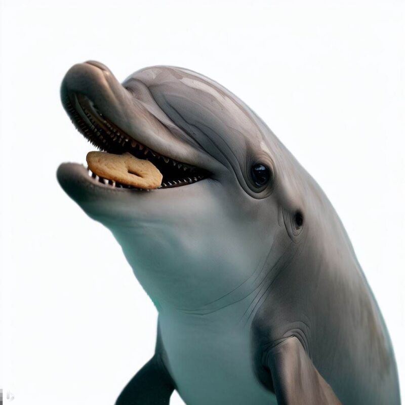 This is a professional photo style shot of a smiling dolphin eating a cookie. The background is pure white.