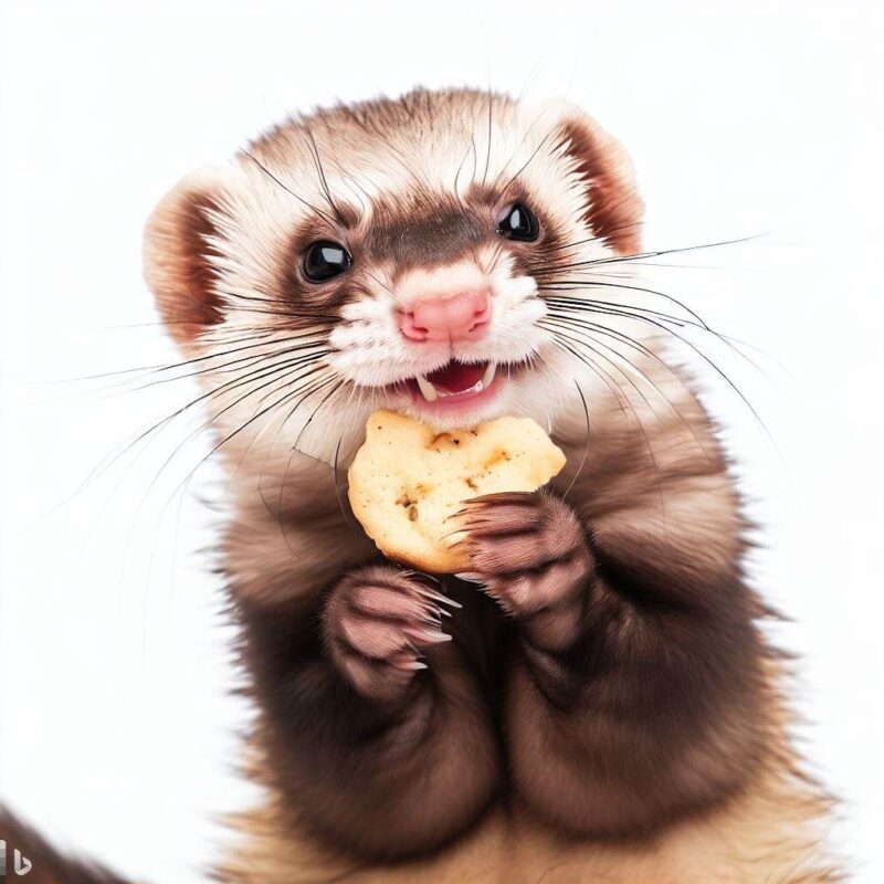 This is a professional photo style shot of a smiling ferret eating a cookie. Background Pure white