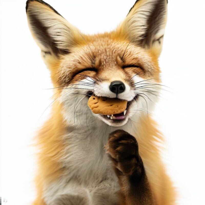 This is a professional photo style shot of a smiling fox eating a cookie. The background is pure white.