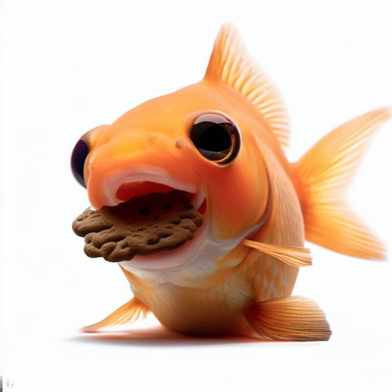 This is a professional photo style shot of a smiling goldfish eating a cookie. The background is pure white.