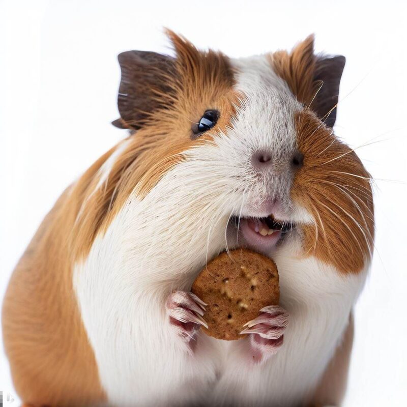 This is a professional photo style shot of a smiling guinea pig eating a cookie. Background pure white