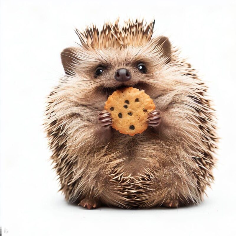 This is a professional photo style shot of a smiling hedgehog eating a cookie. Background Pure white