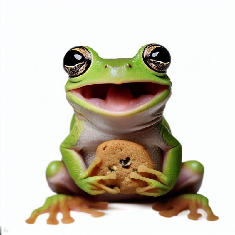 This is a professional photo style shot of a smiling little Cranwell's tree frog eating a cookie. Background is pure white.