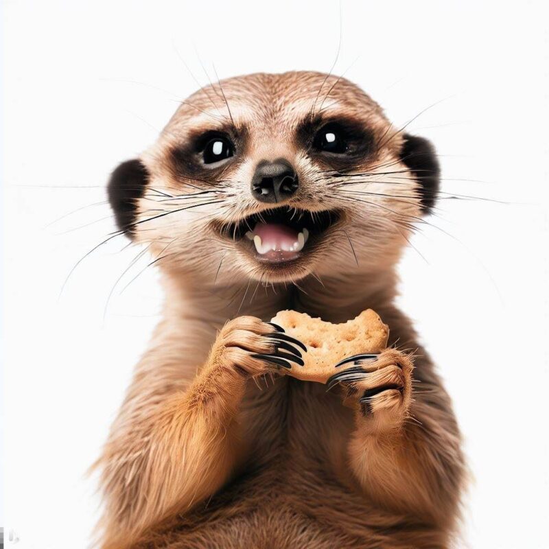 This is a professional photo style shot of a smiling meerkat eating a cookie. Background Pure white