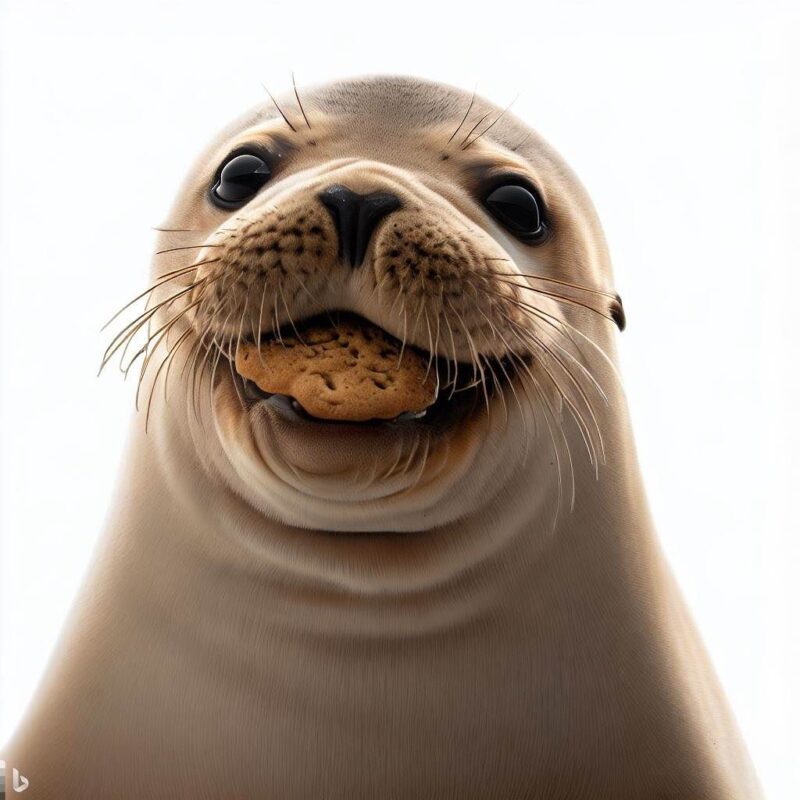 This is a professional photo style shot of a smiling seal eating a cookie. The background is pure white.