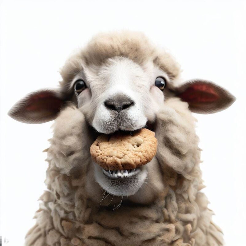 This is a professional photo style shot of a smiling sheep eating a cookie. The background is pure white.