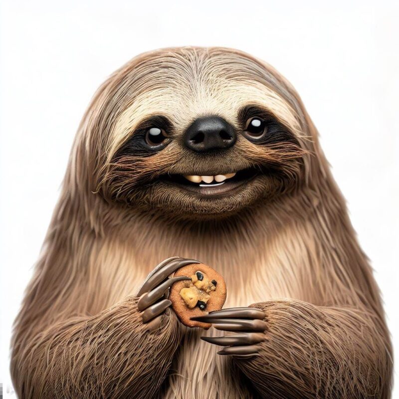 This is a professional photo style shot of a smiling sloth eating a cookie. The background is pure white.