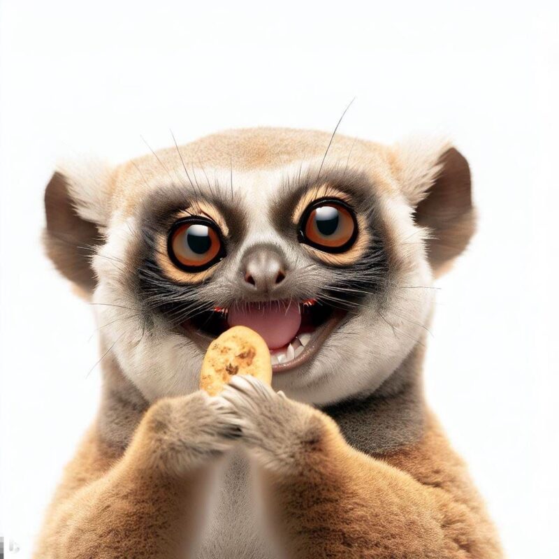 This is a professional photo style shot of a smiling slow loris eating a cookie. The background is pure white.