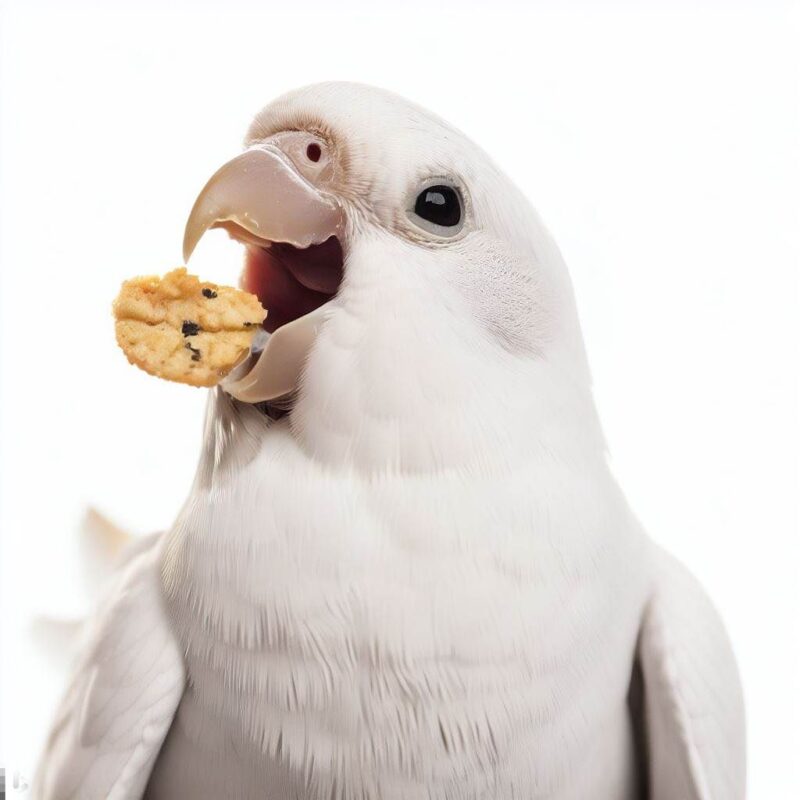 This is a professional photo style shot of one white budgie smiling as it eats a cookie. Background pure white