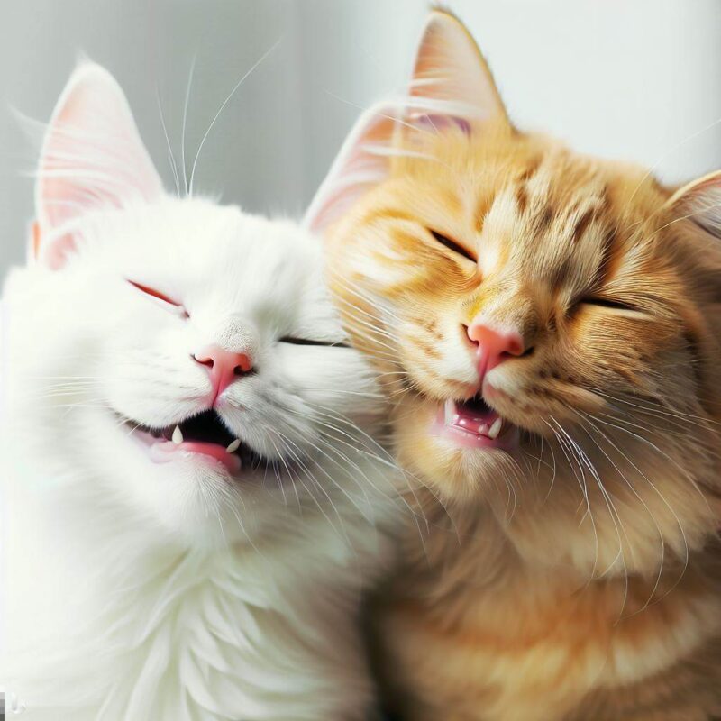 Two cats, one white and one yellow. Happy smile. Likes
