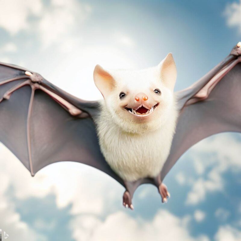 White fruit bat smiling happily. Flying in the sky. Professional photo