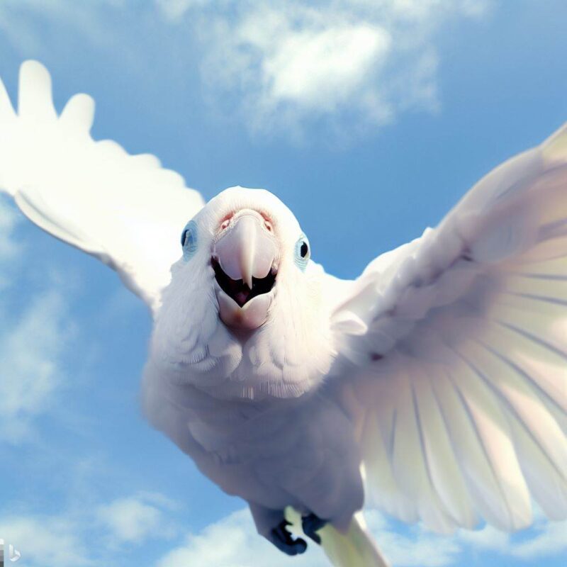 White parrot smiling happily. Flying in the sky. Pro Photo.